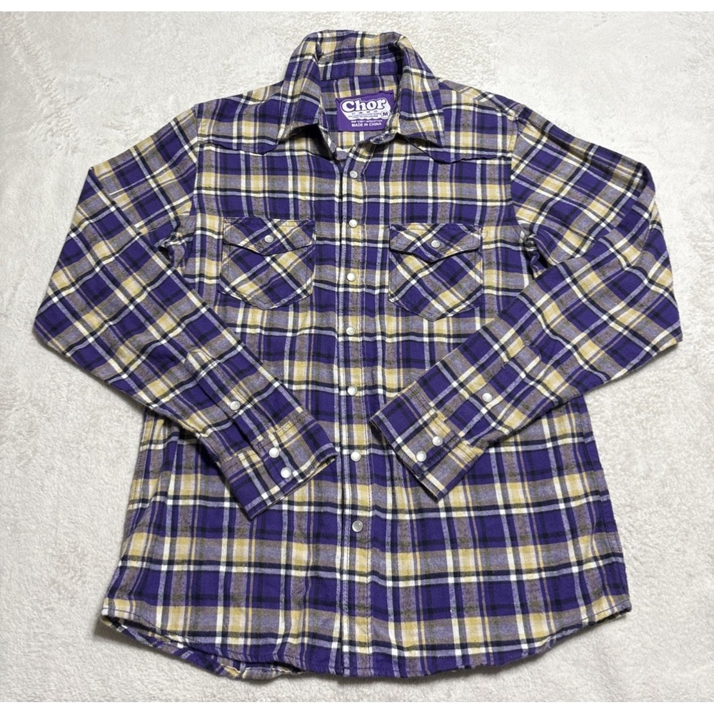 Chor Men's Pearl Snap Flannel Shirt Size Medium Long Sleeve Purple Yellow Plaid